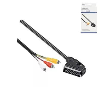 DINIC Scart- auf Cinchkabel, Scart Stecker - 3x Cinchstecker, IN/OUT Umschalter, 2m
